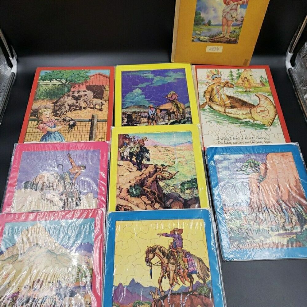 Vintage Jigsaw Picture Puzzle LOT of 8 Childrens 1940s Southwestern Nostalgia